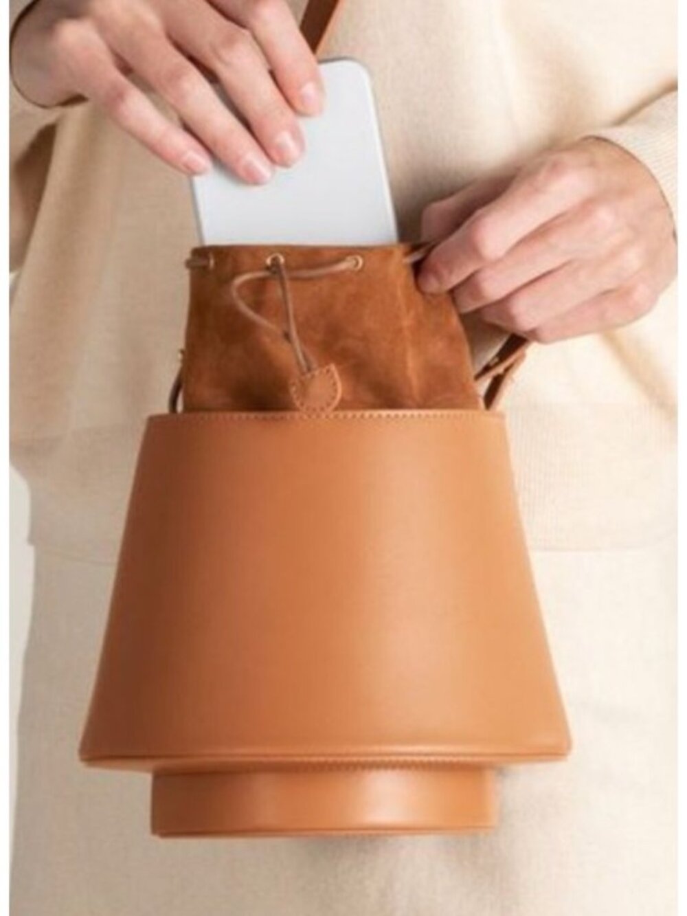 Mlouye Mini Lantern Bag Tan Leather Sculptural Bucket Bag Crossbody with Top Han